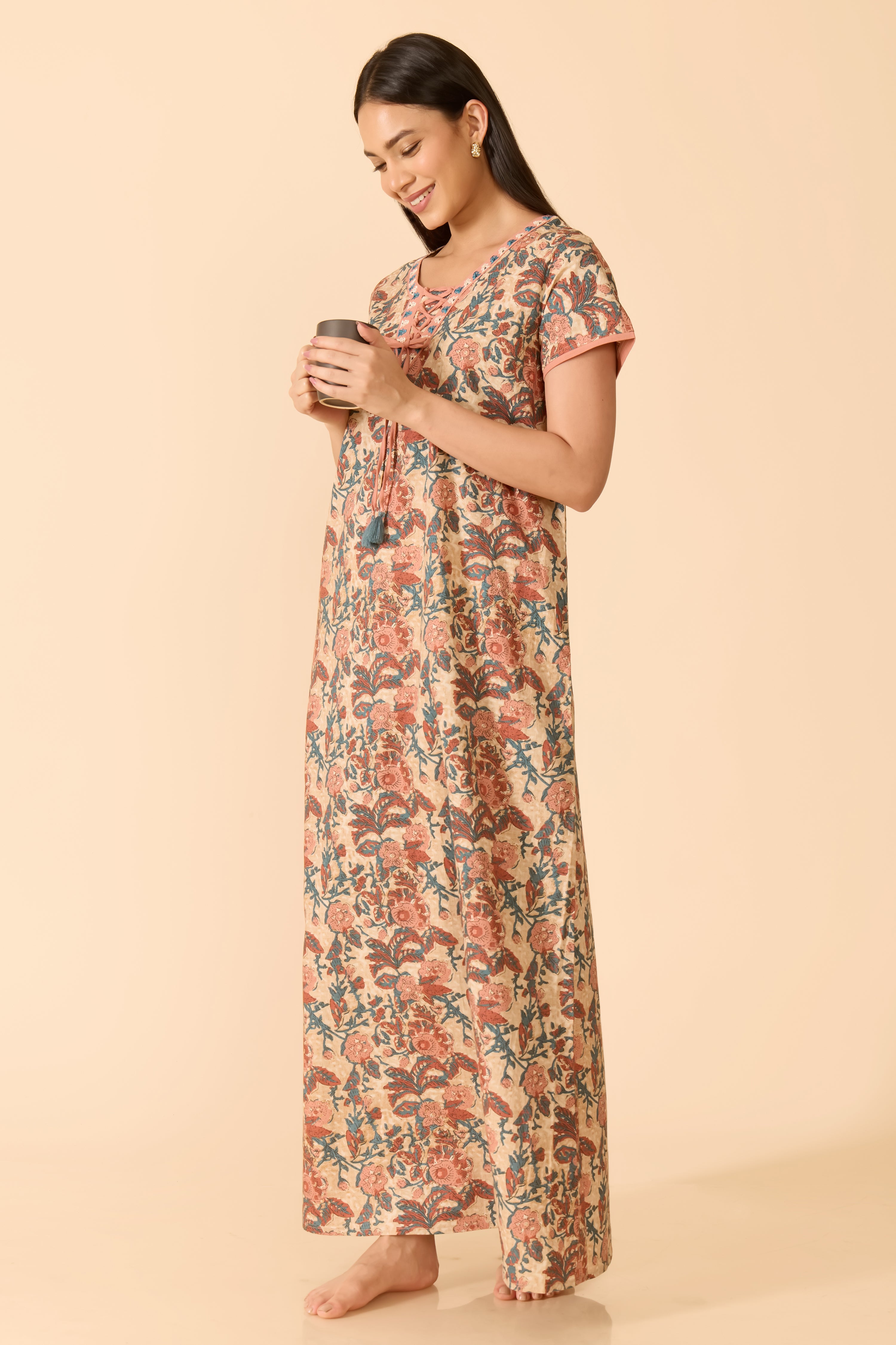PEACH FLORAL COTTON NIGHTWEAR