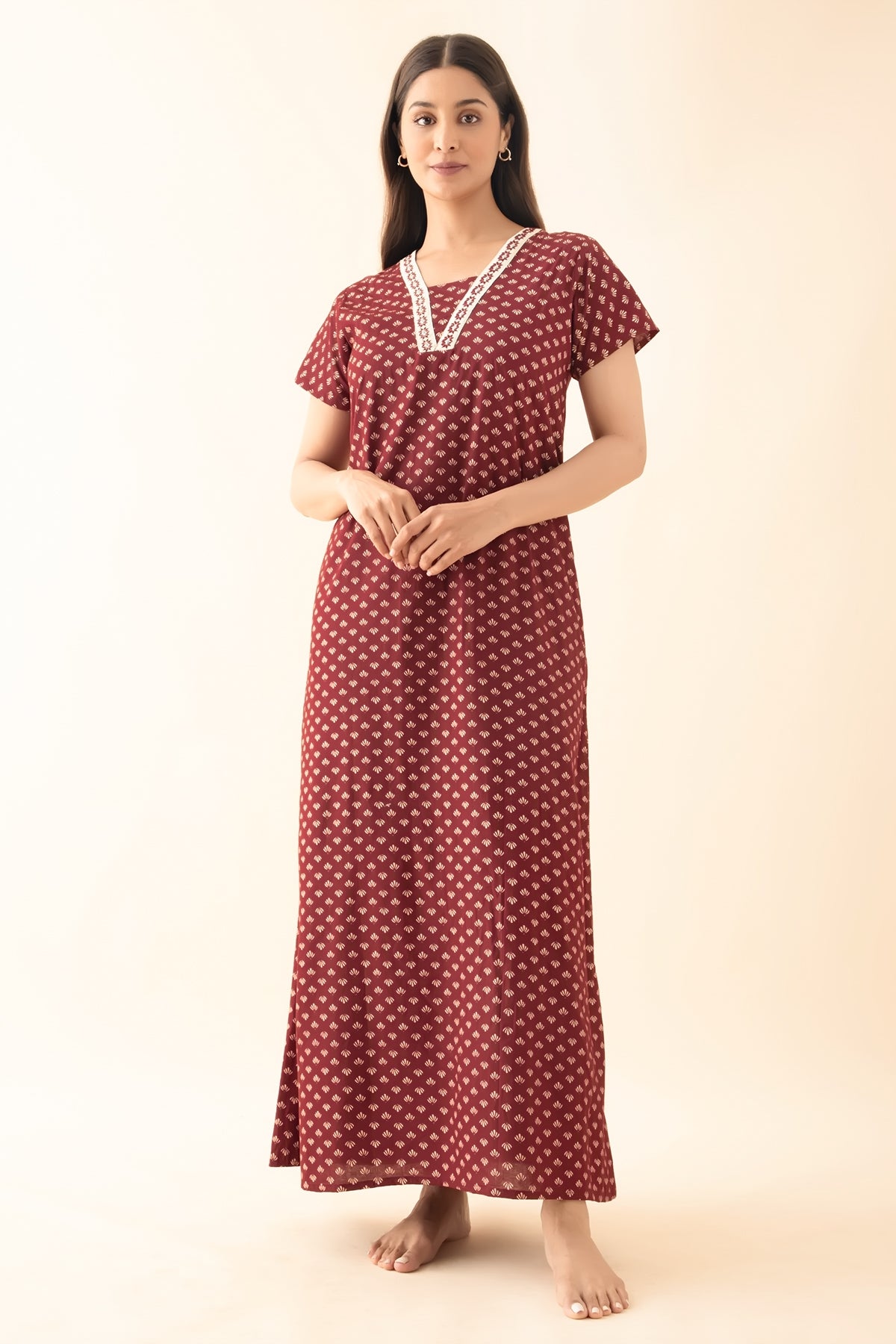 Geometric Floral Printed Nighty - Maroon