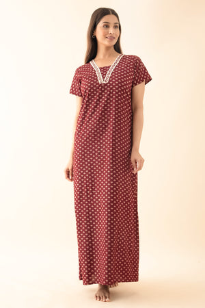 Geometric Floral Printed Nighty - Maroon