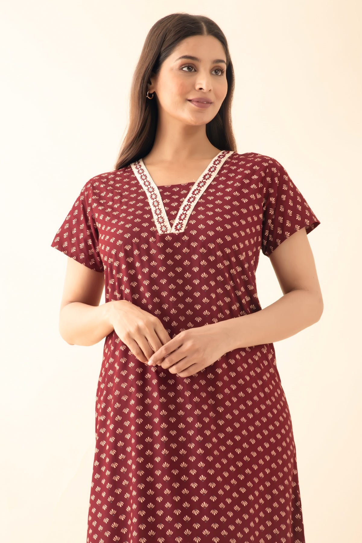 Geometric Floral Printed Nighty - Maroon