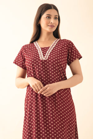 Geometric Floral Printed Nighty - Maroon