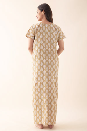 Block Printed Nighty with Foil Mirror Embellishment - Khaki