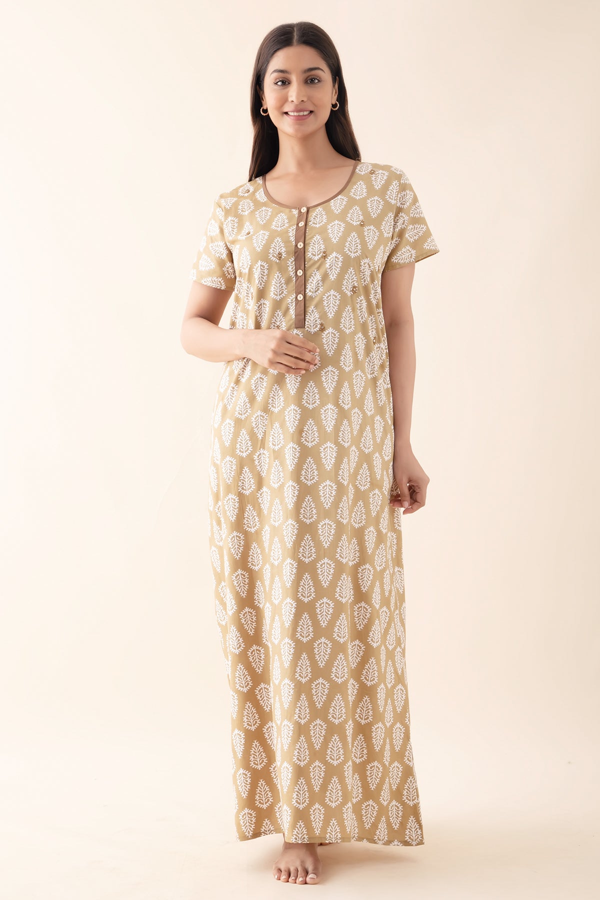 Block Printed Nighty with Foil Mirror Embellishment - Khaki