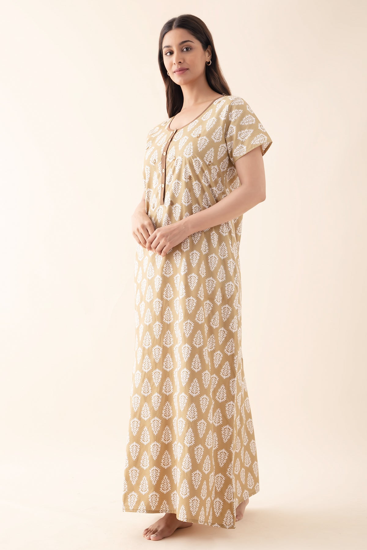 Block Printed Nighty with Foil Mirror Embellishment - Khaki