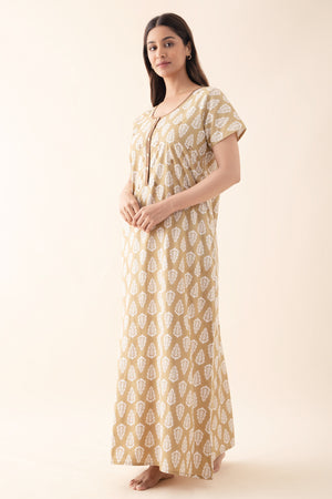 Block Printed Nighty with Foil Mirror Embellishment - Khaki