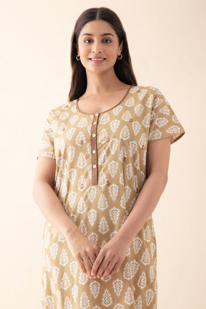 Block Printed Nighty with Foil Mirror Embellishment - Khaki