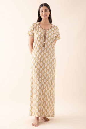 Block Printed Nighty with Foil Mirror Embellishment - Khaki