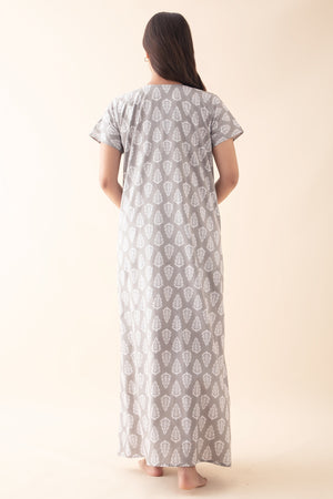 Block Printed Nighty with Foil Mirror Embellishment - Grey