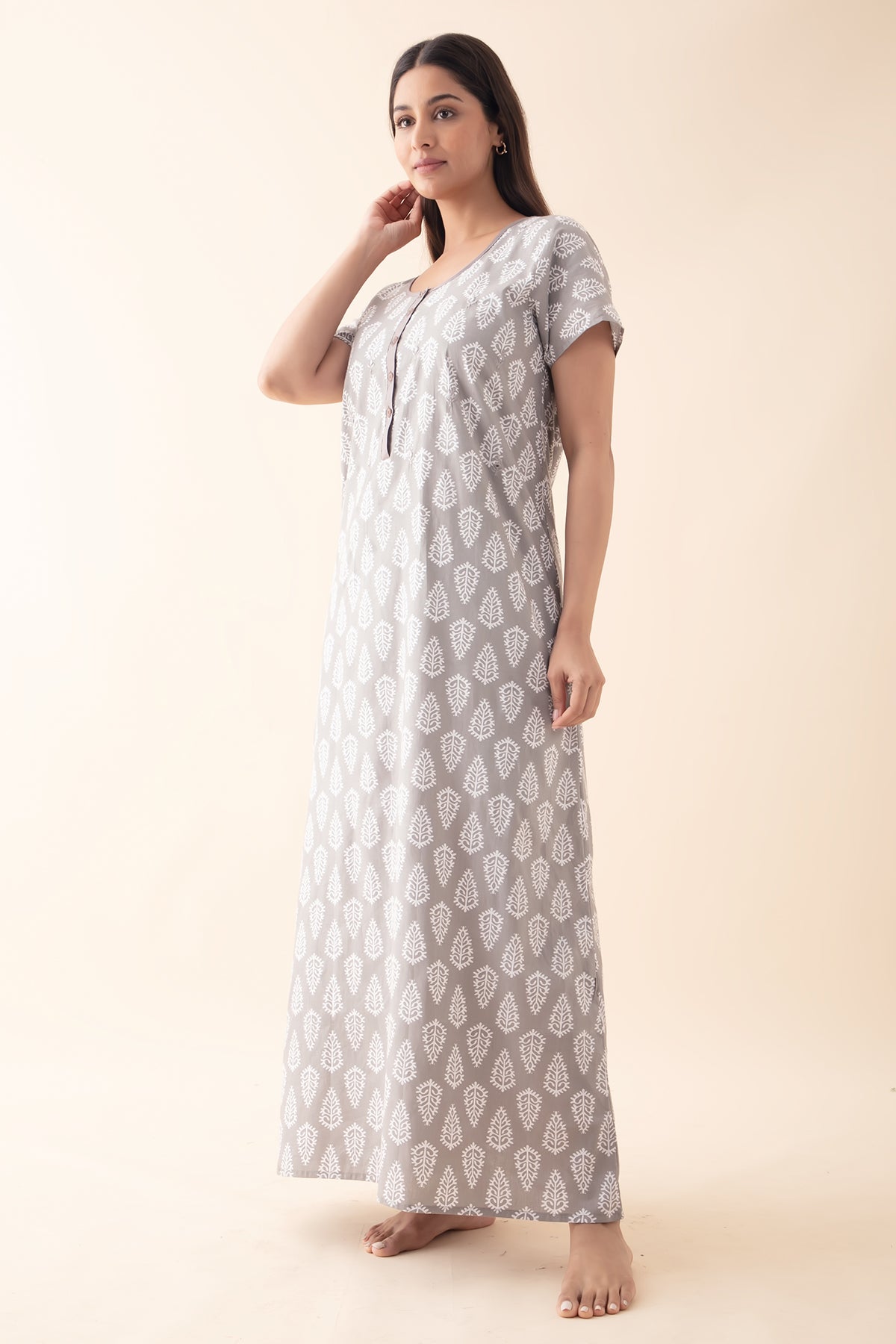 Block Printed Nighty with Foil Mirror Embellishment - Grey