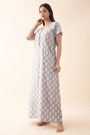 Block Printed Nighty with Foil Mirror Embellishment - Grey