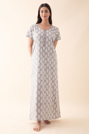 Block Printed Nighty with Foil Mirror Embellishment - Grey