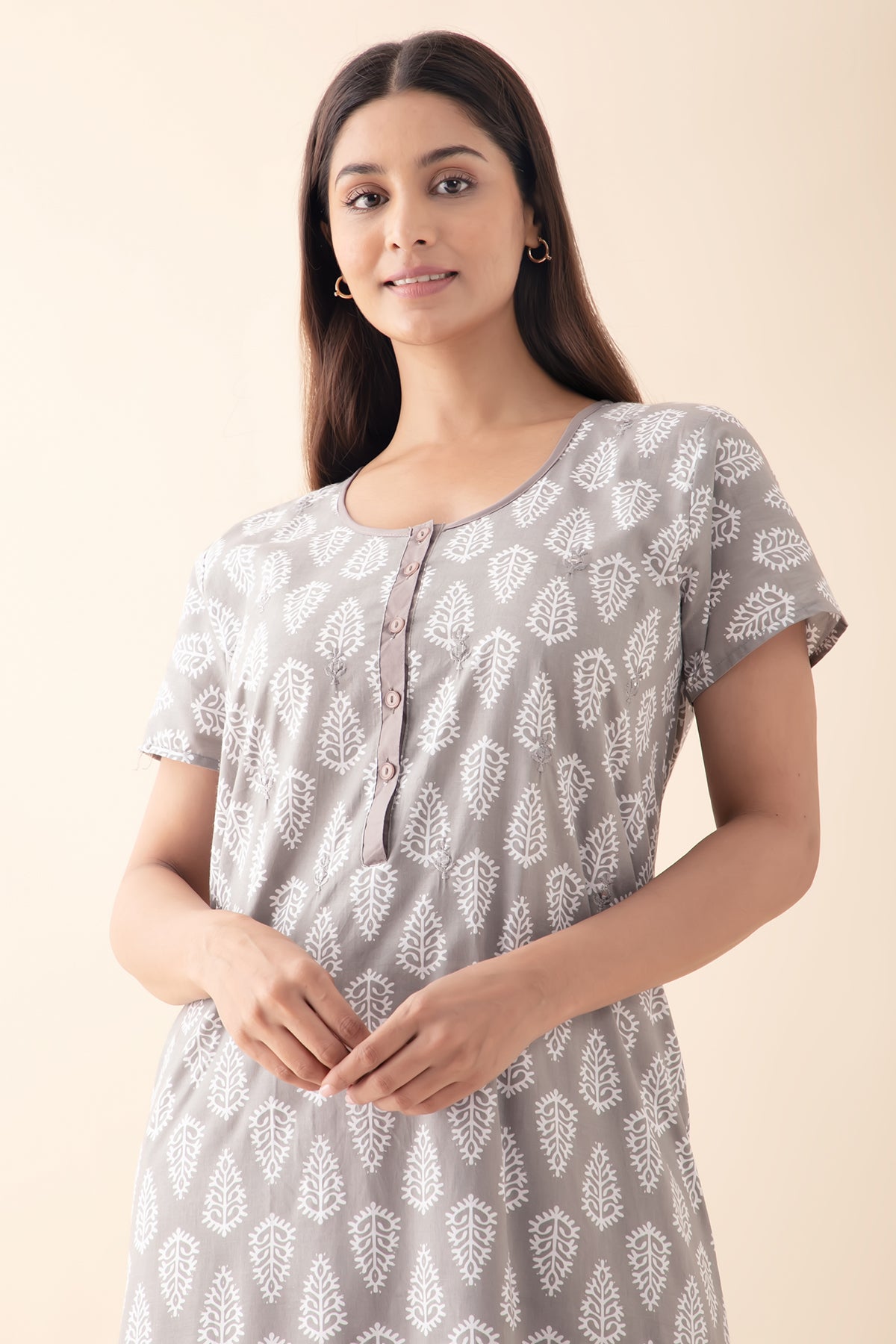 Block Printed Nighty with Foil Mirror Embellishment - Grey