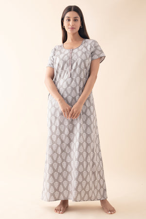 Block Printed Nighty with Foil Mirror Embellishment - Grey