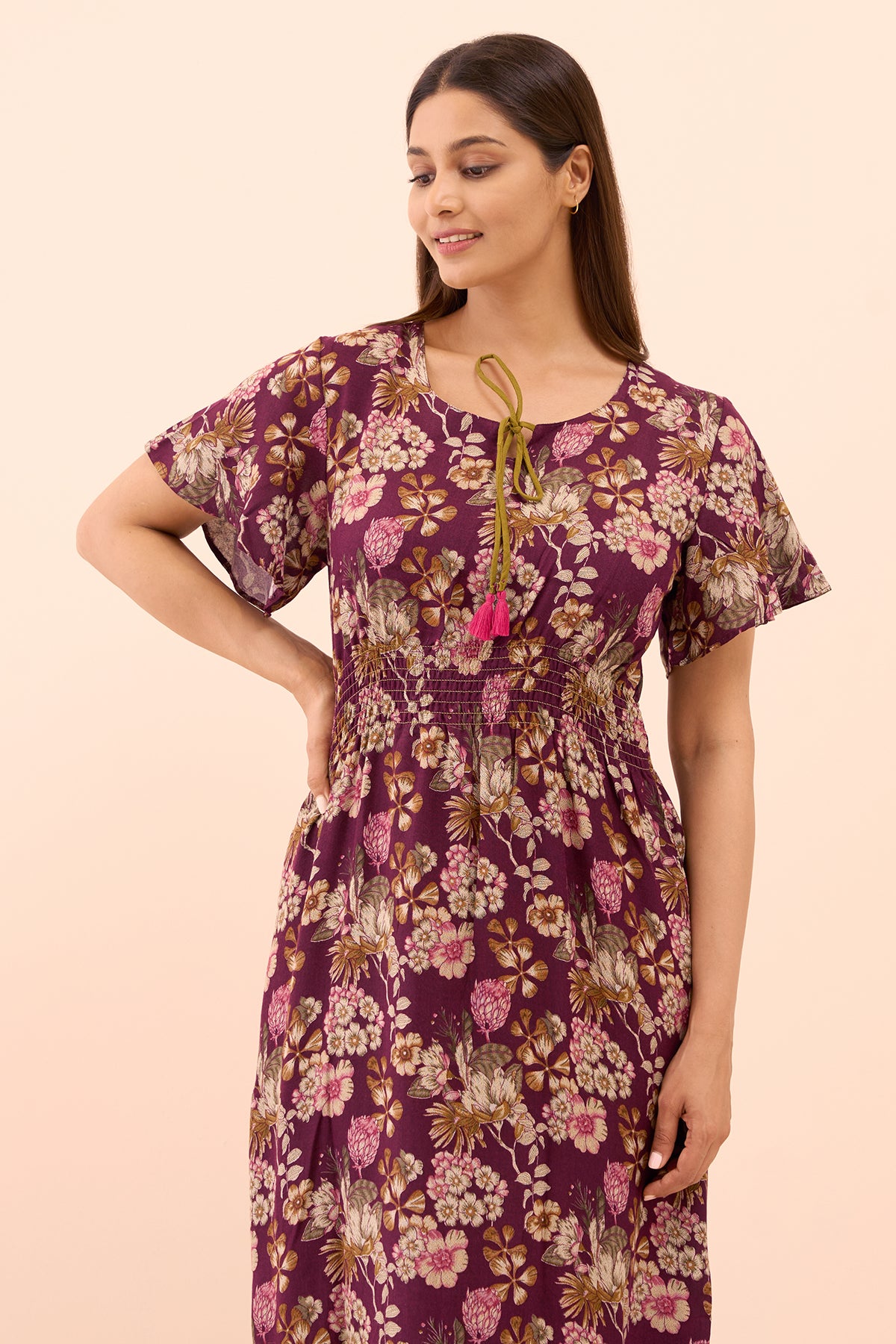 Smocking Floral Nighty with Waist Tie-Up - Maroon