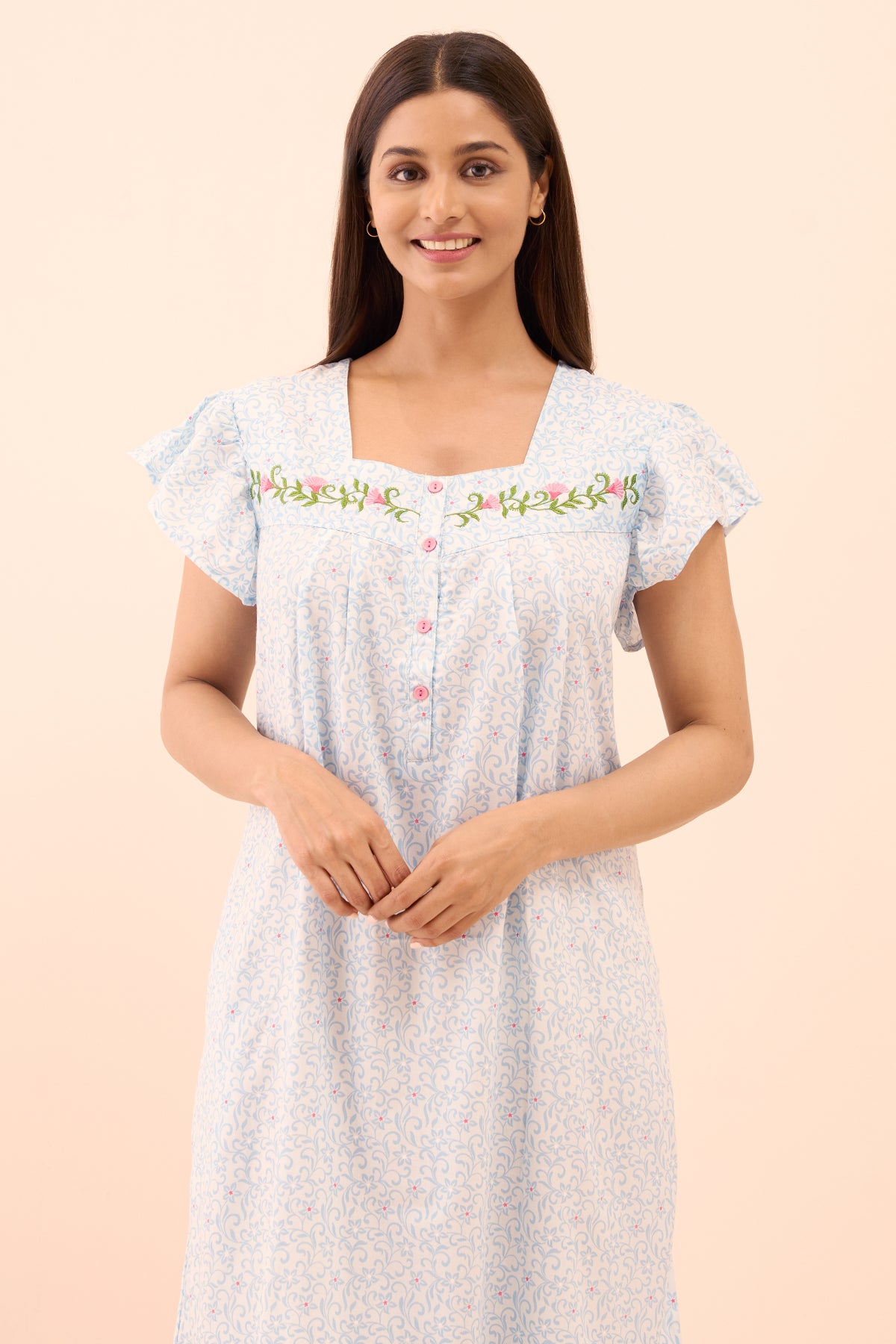 Floral Printed & Embroidered Nighty - Blue