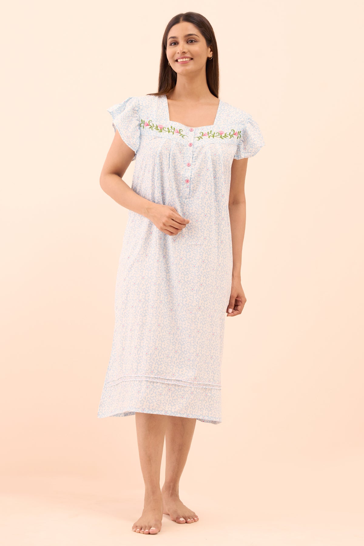 Floral Printed & Embroidered Nighty - Blue