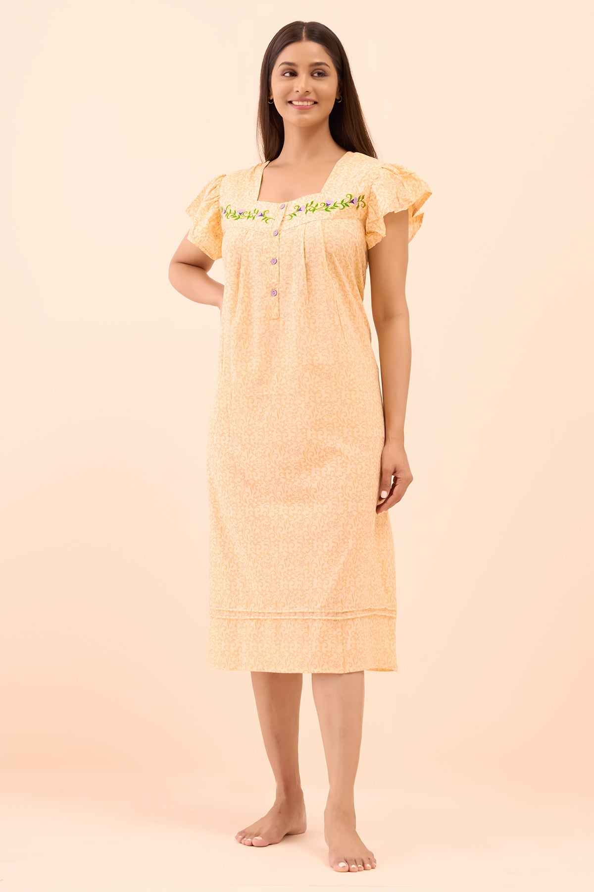 Floral Printed & Embroidered Nighty - Peach