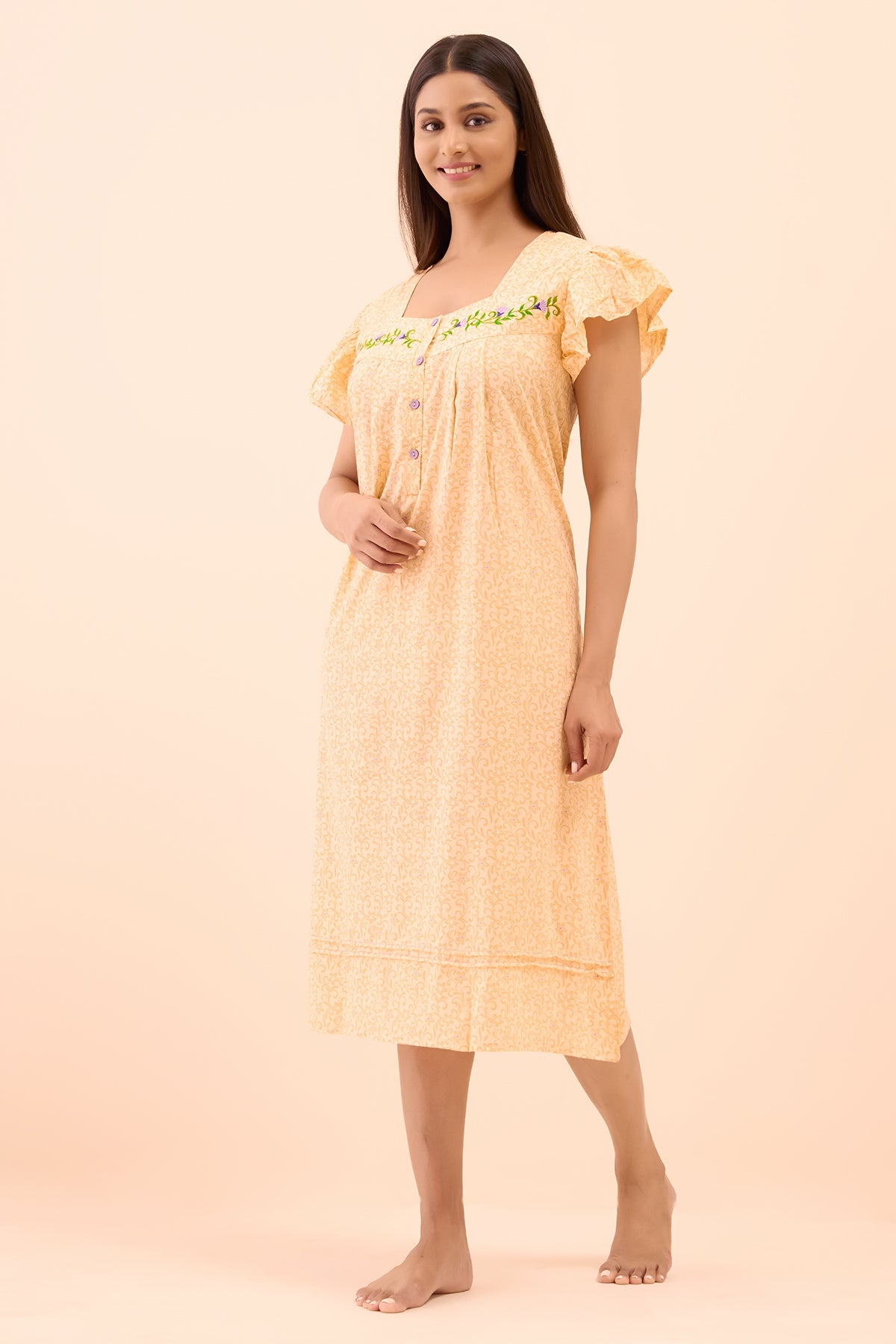 Floral Printed & Embroidered Nighty - Peach