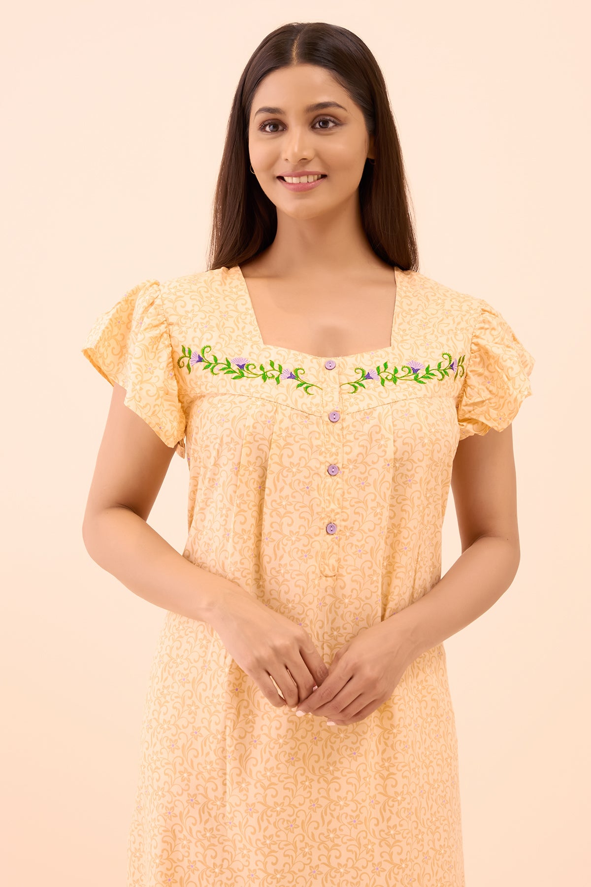 Floral Printed & Embroidered Nighty - Peach