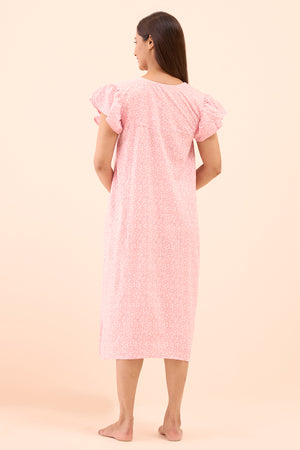 Floral Printed & Embroidered Nighty - Pink