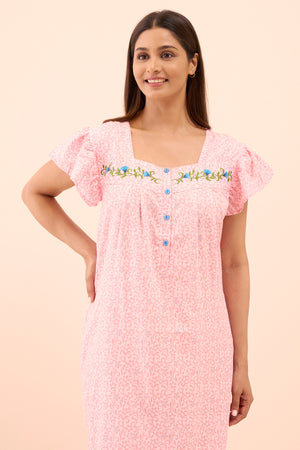 Floral Printed & Embroidered Nighty - Pink