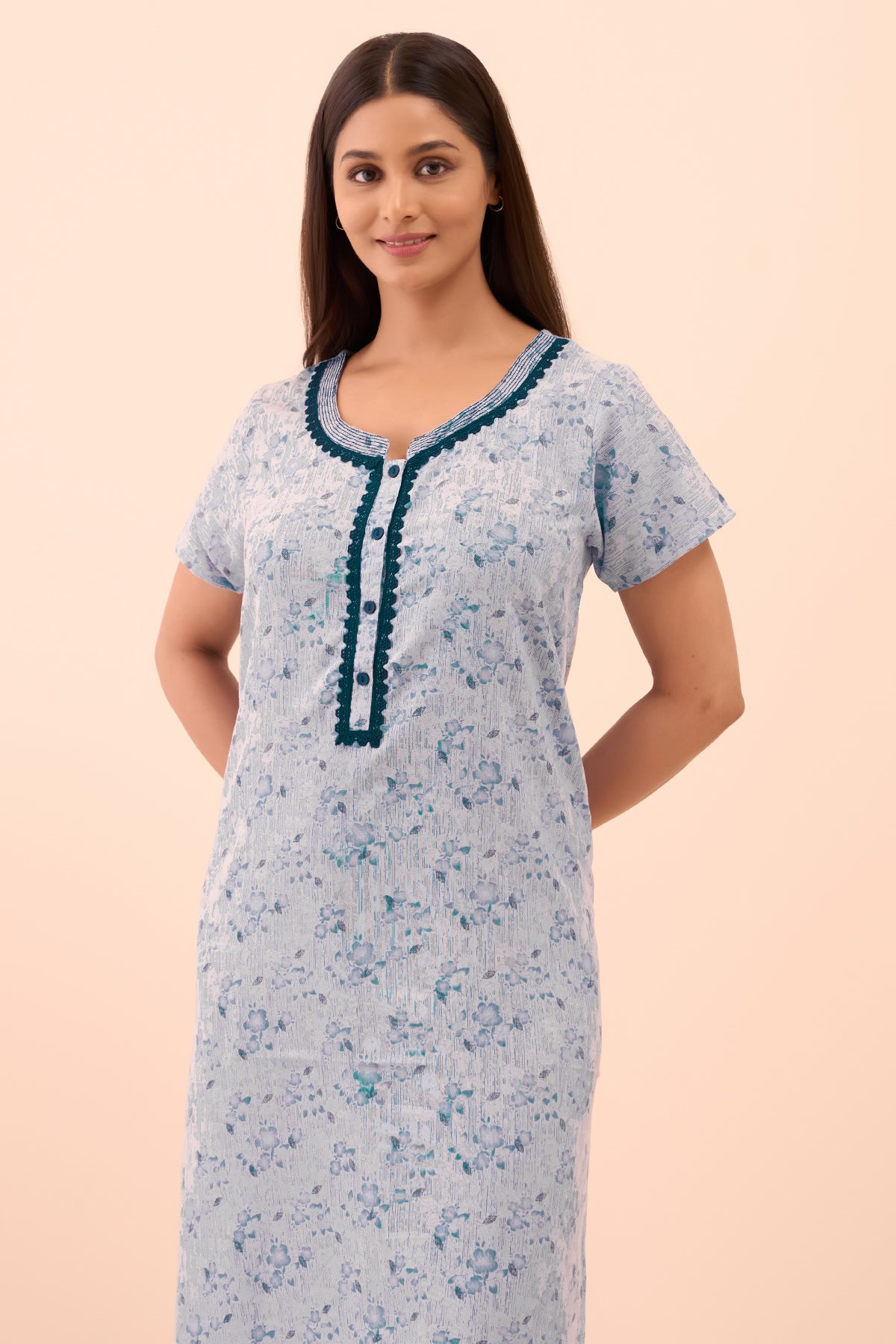 Floral Printed Lace Embellished Nighty - Blue