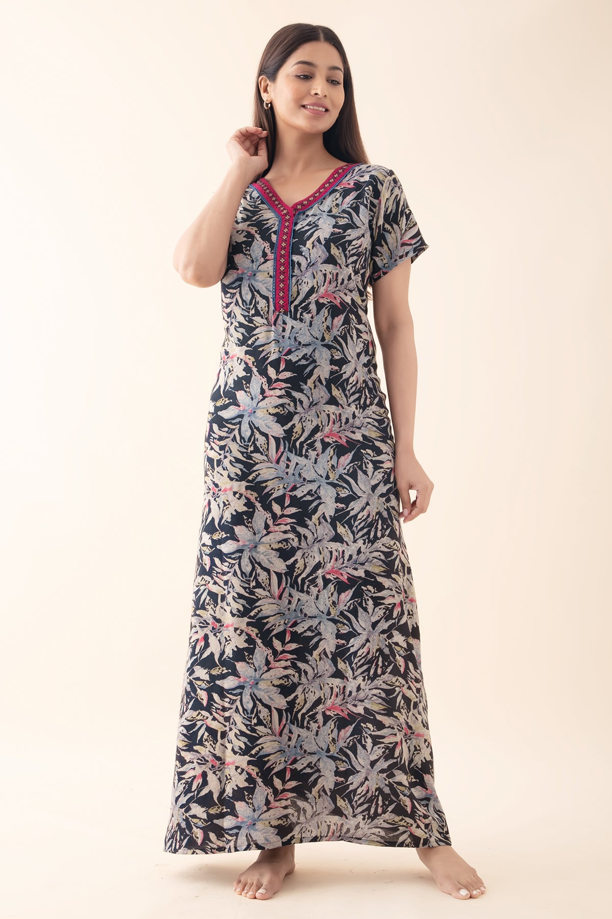 Abstract Floral Printed & Embroidered Nighty - Black