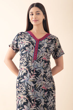 Abstract Floral Printed & Embroidered Nighty - Black