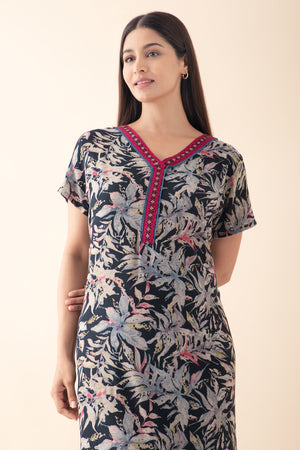 Abstract Floral Printed & Embroidered Nighty - Black