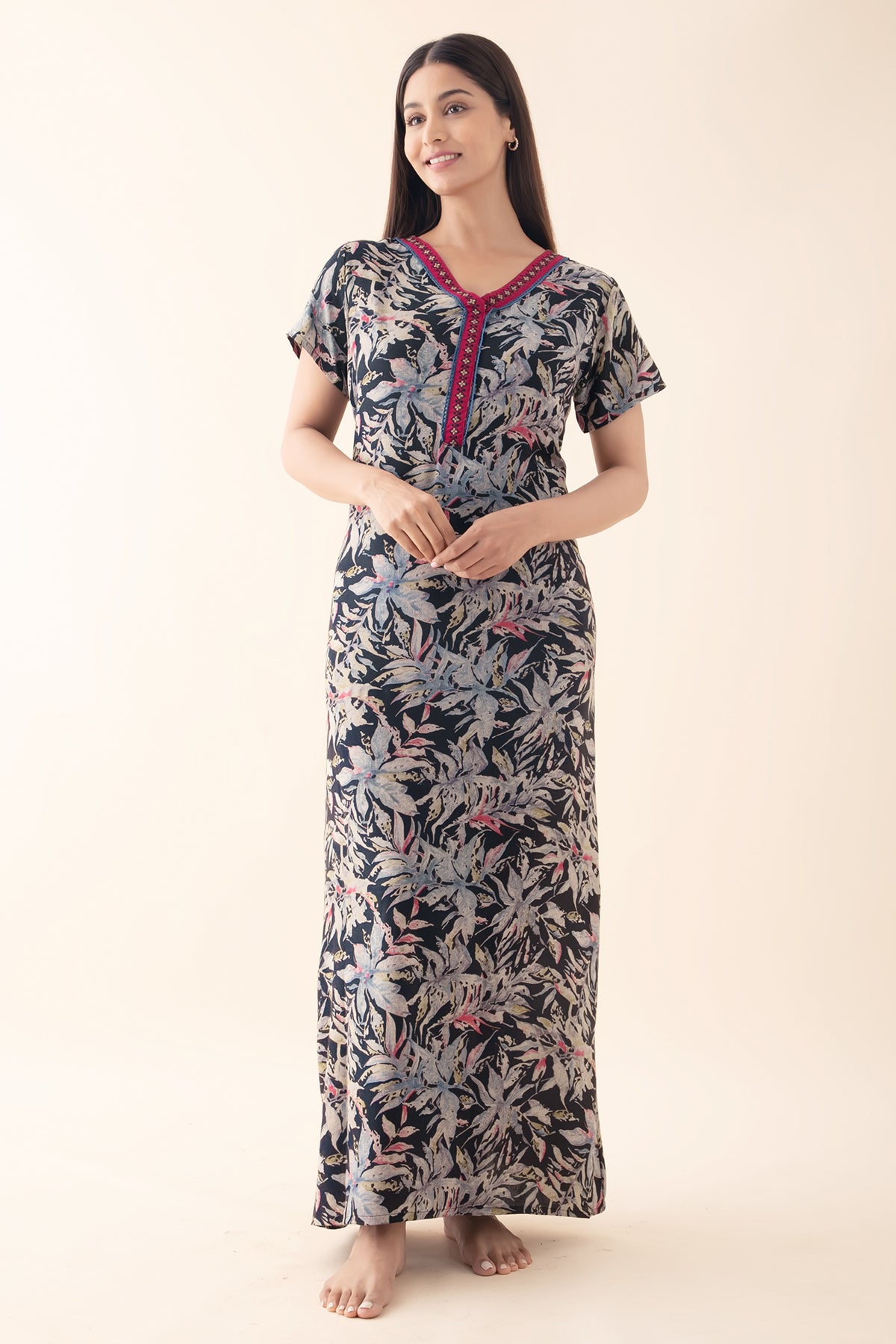 Abstract Floral Printed & Embroidered Nighty - Black