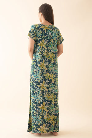 Abstract Floral Printed & Embroidered Nighty - Blue