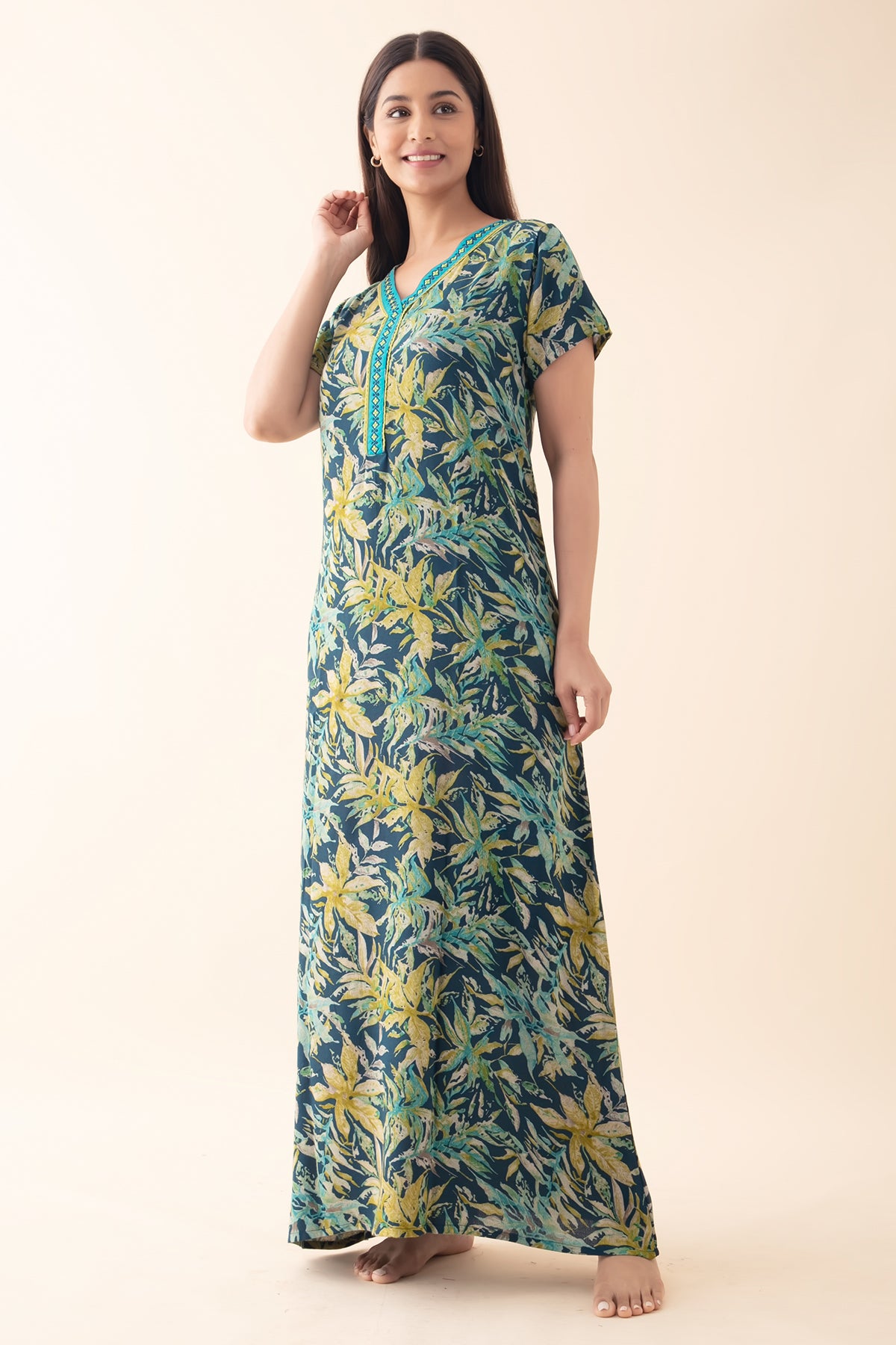 Abstract Floral Printed & Embroidered Nighty - Blue