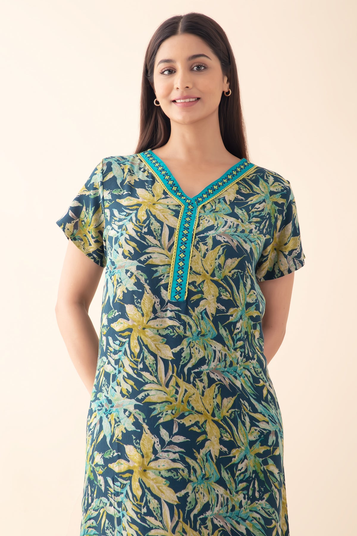 Abstract Floral Printed & Embroidered Nighty - Blue