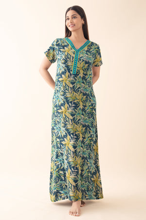 Abstract Floral Printed & Embroidered Nighty - Blue