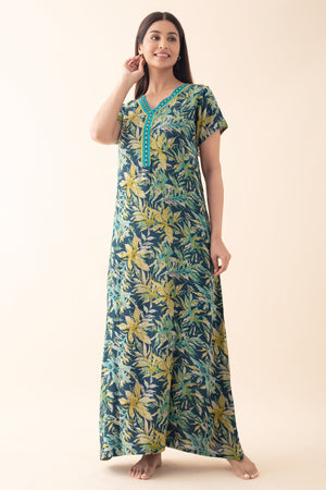 Abstract Floral Printed & Embroidered Nighty - Blue