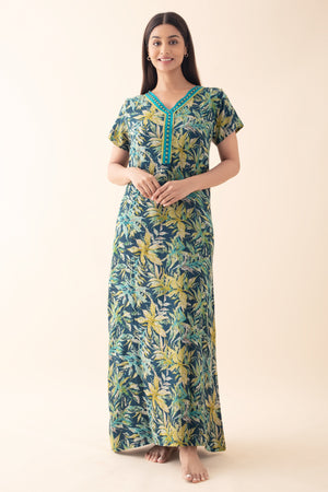 Abstract Floral Printed & Embroidered Nighty - Blue