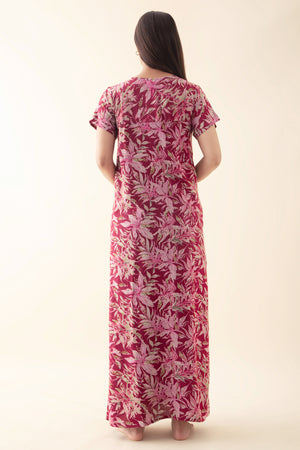 Abstract Floral Printed & Embroidered Nighty - Red