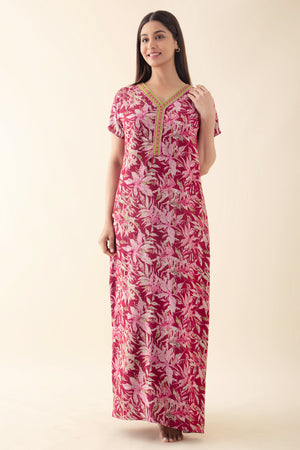 Abstract Floral Printed & Embroidered Nighty - Red