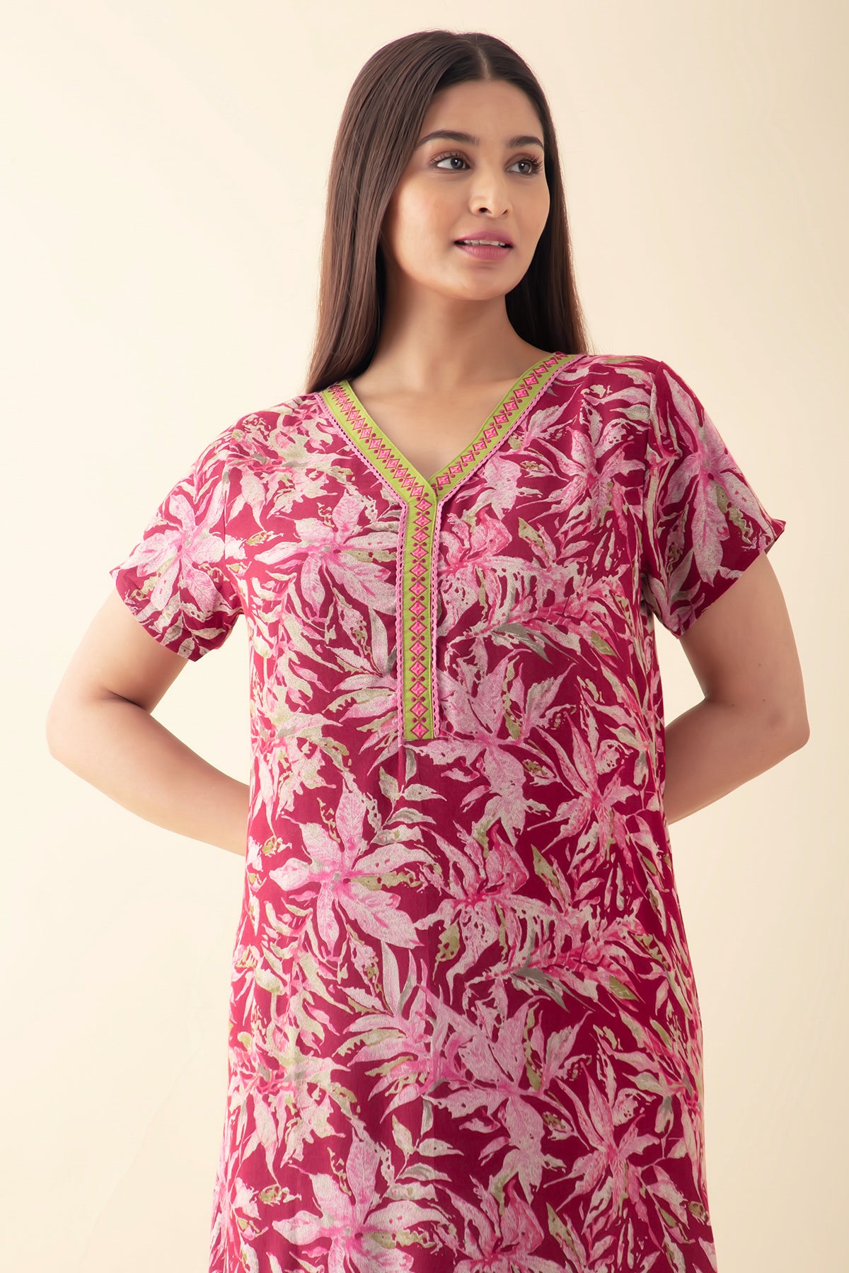 Abstract Floral Printed & Embroidered Nighty - Red