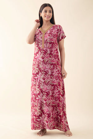 Abstract Floral Printed & Embroidered Nighty - Red