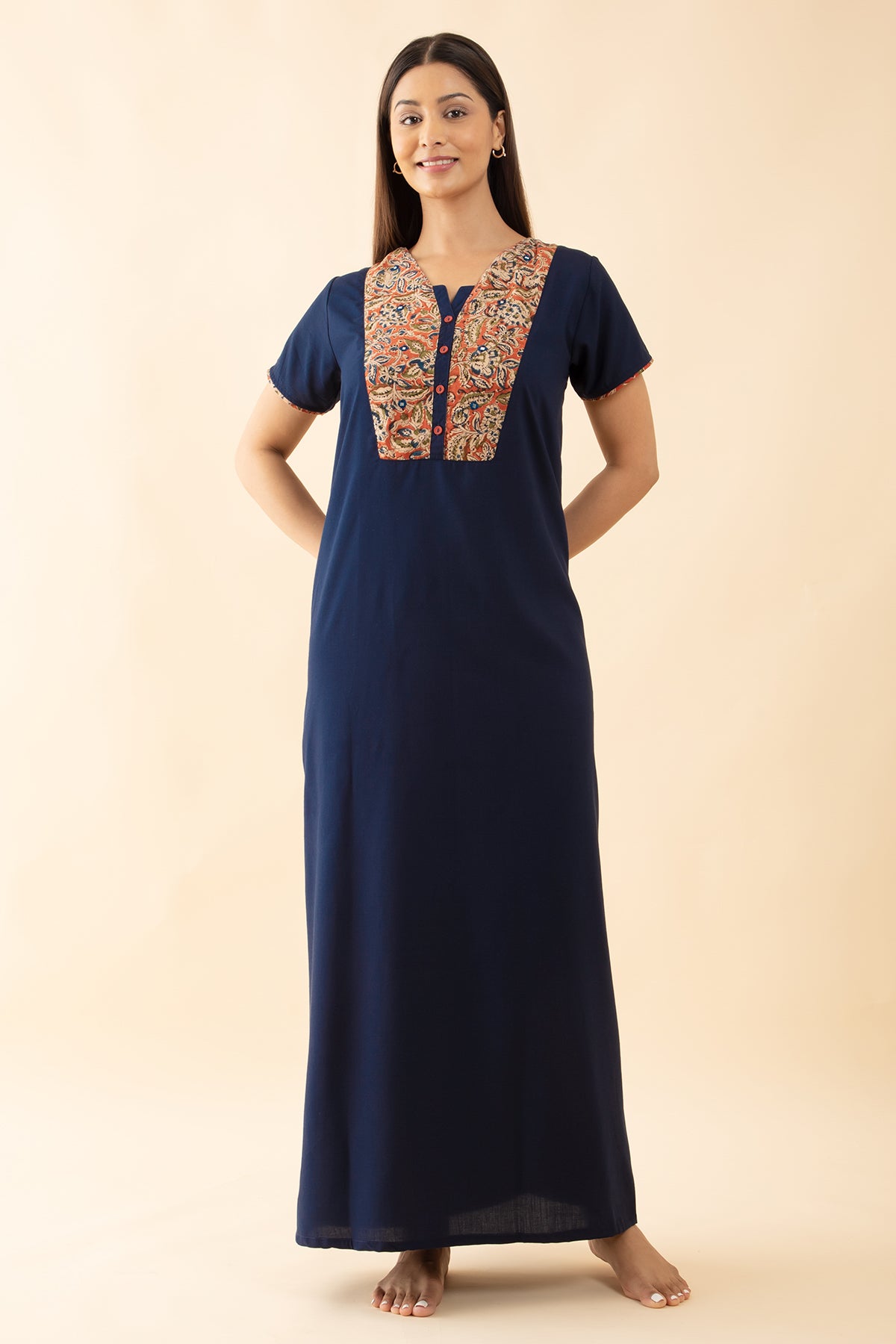 Solid Nighty with Kalmakari Printed Nighty - Blue