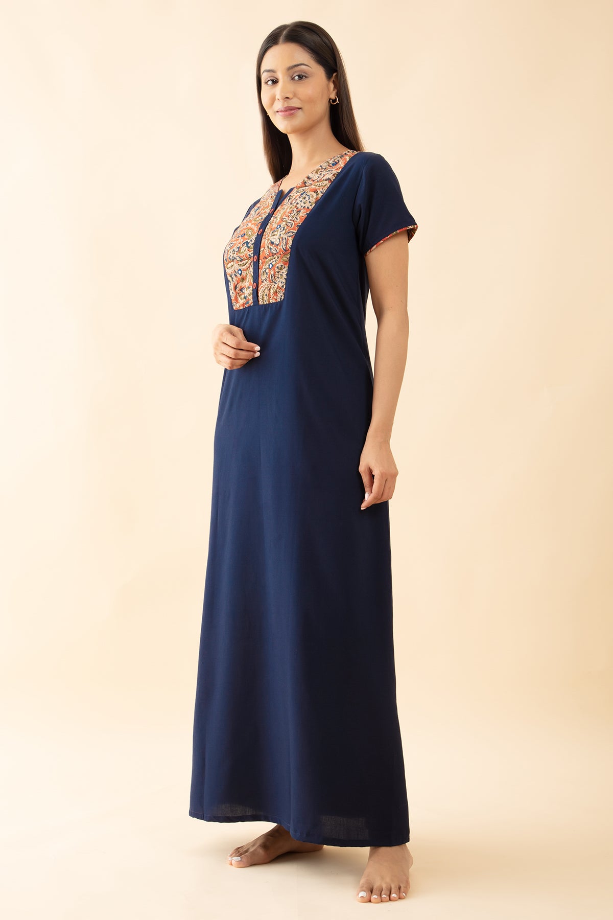 Solid Nighty with Kalmakari Printed Nighty - Blue