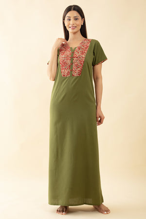 Solid Nighty with Kalmakari Printed Nighty - Green