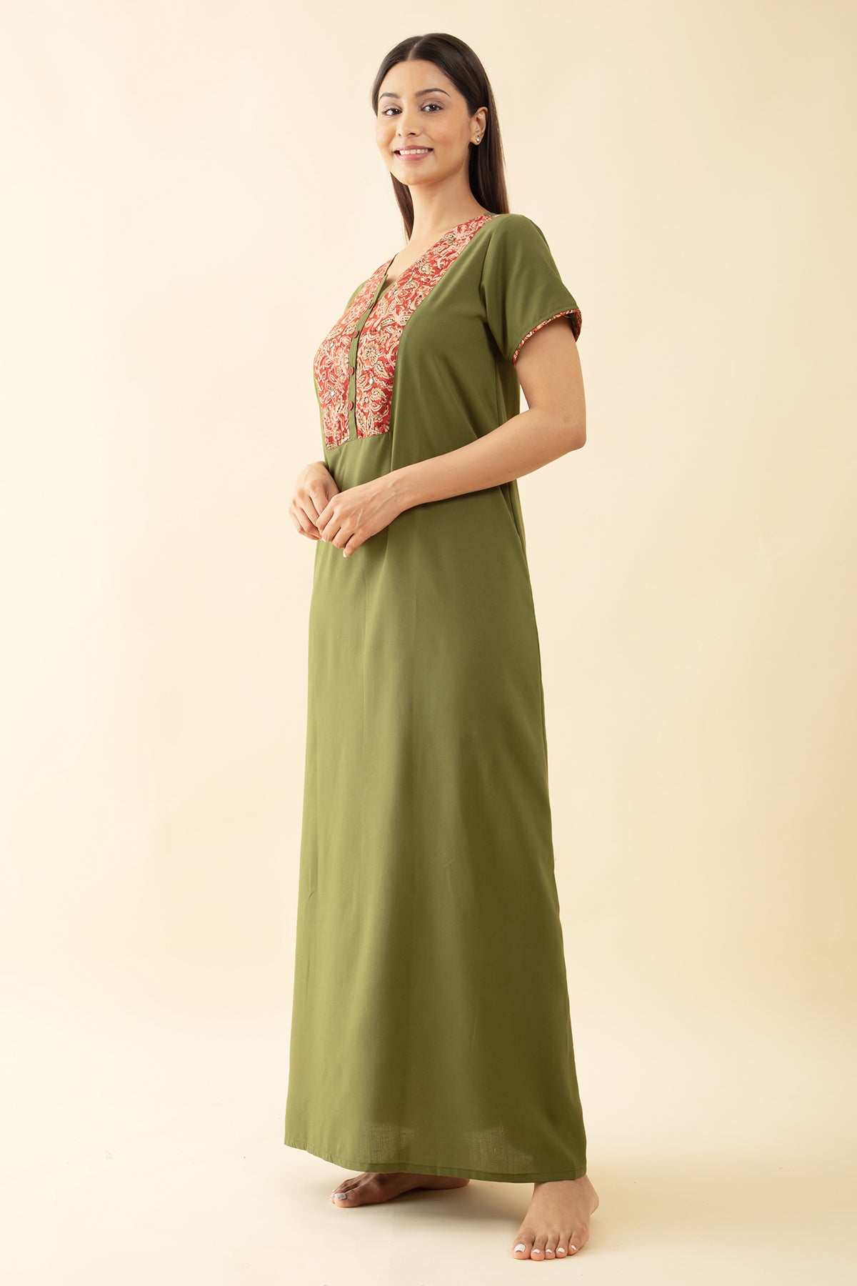 Solid Nighty with Kalmakari Printed Nighty - Green