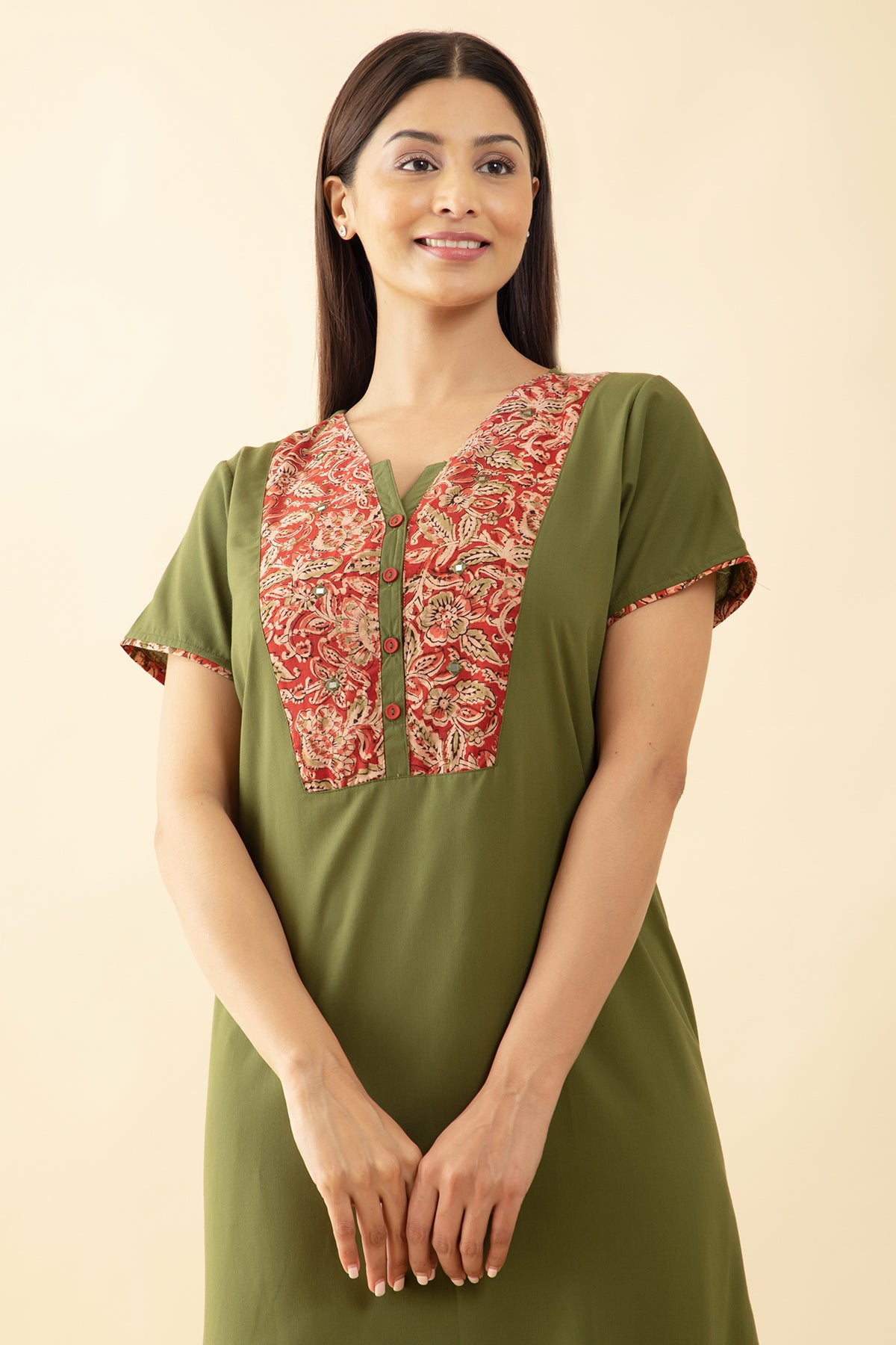 Solid Nighty with Kalmakari Printed Nighty - Green