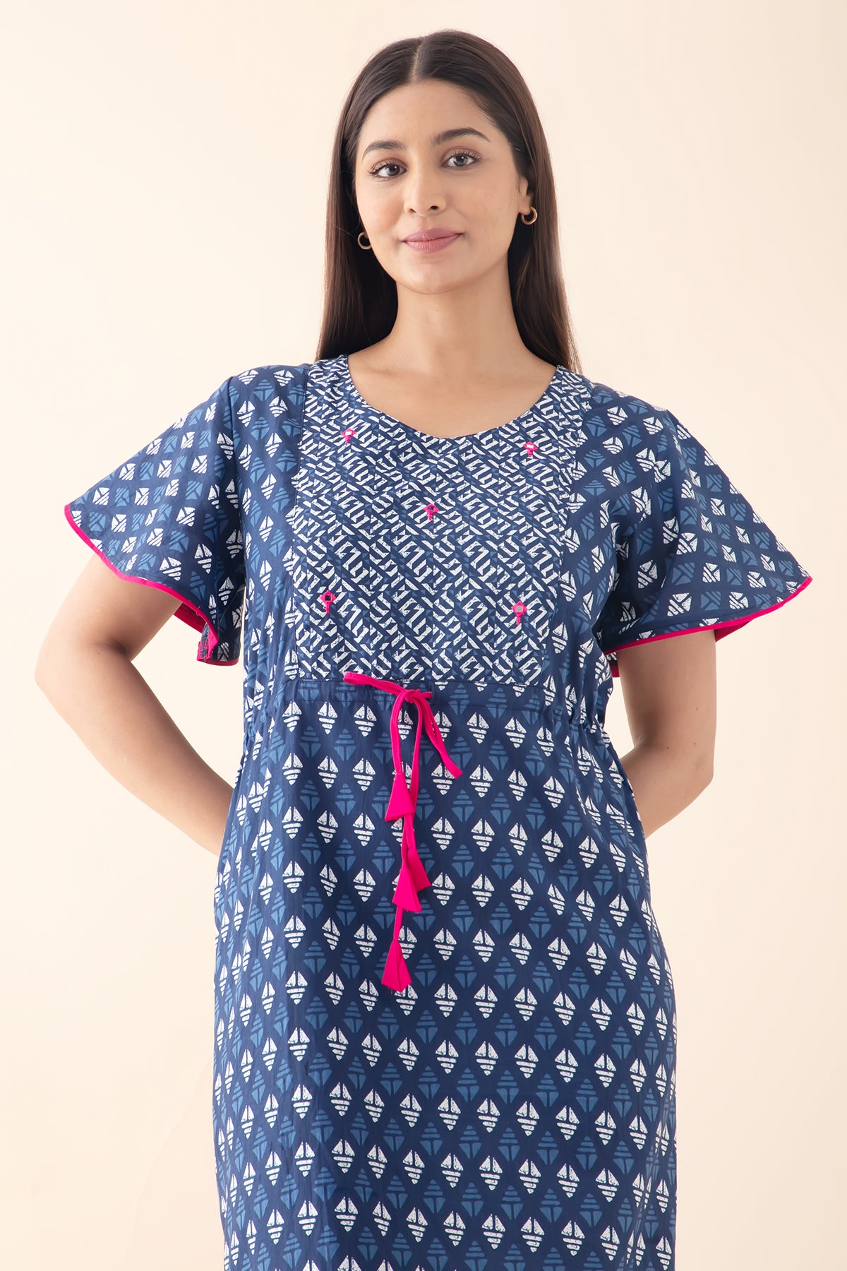 Indigo Printed Nighty with Waist Tie-up with Foil Mirror Embellishment - Blue