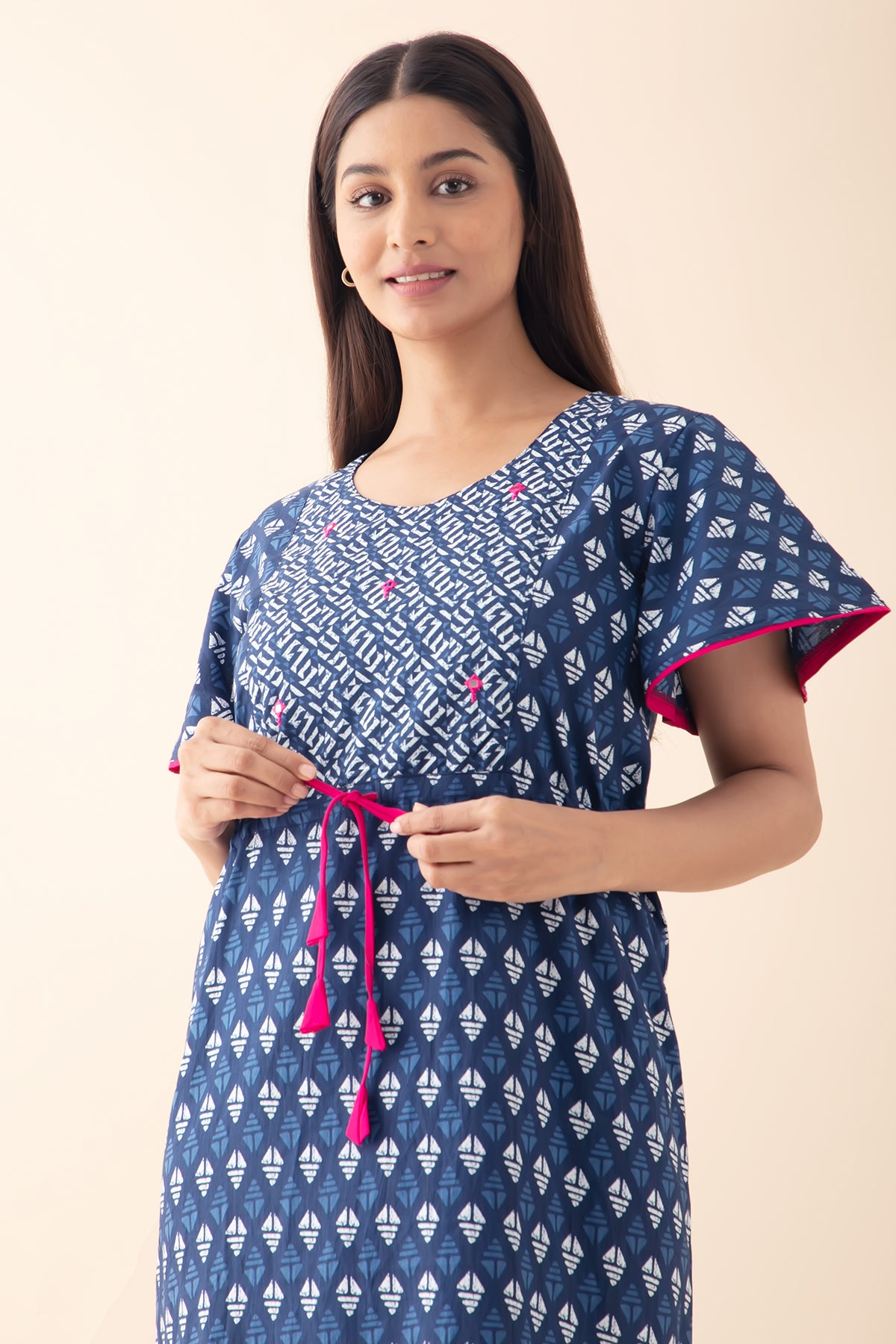 Indigo Printed Nighty with Waist Tie-up with Foil Mirror Embellishment - Blue