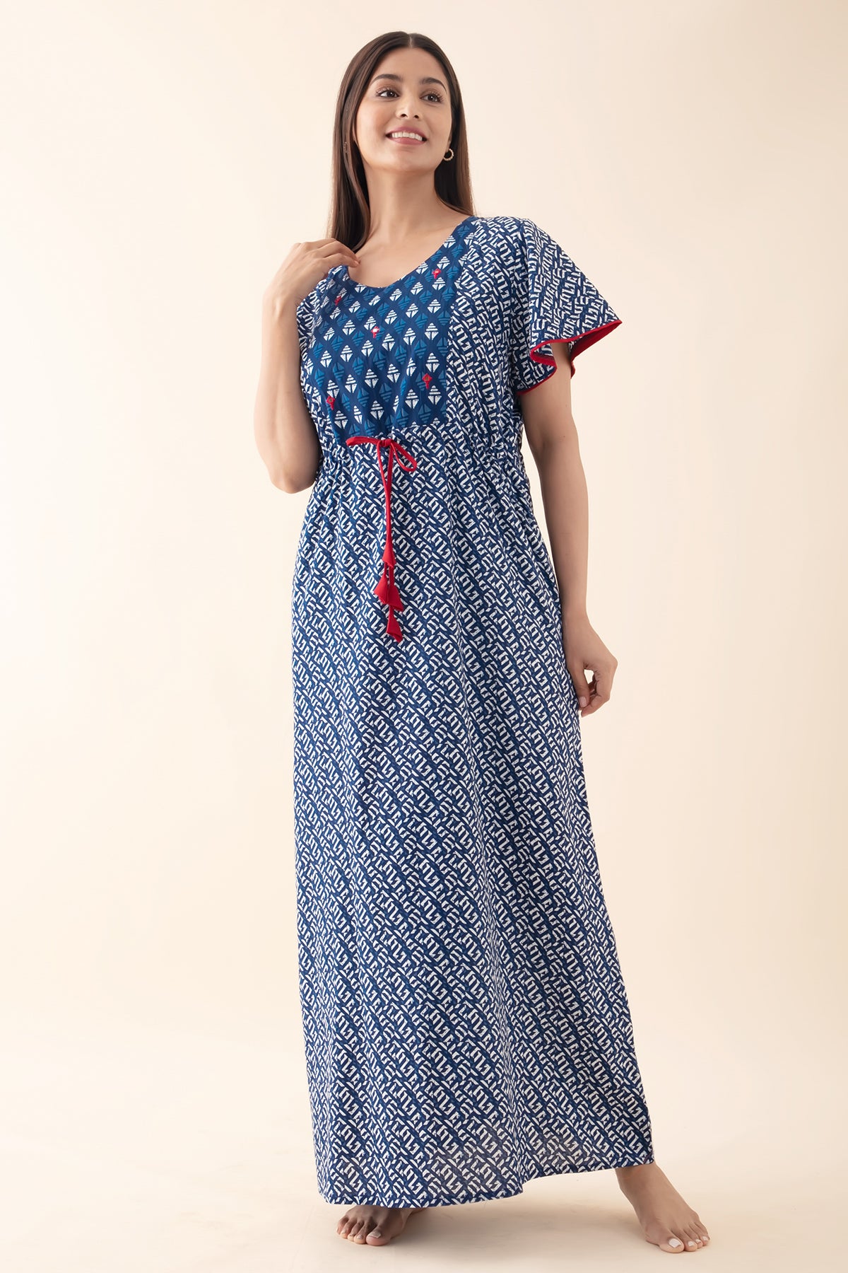 Geometric Printed Nighty with Waist Tie-up with Foil Mirror Embellishment - Blue