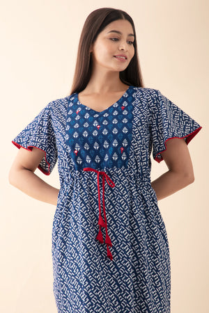 Geometric Printed Nighty with Waist Tie-up with Foil Mirror Embellishment - Blue