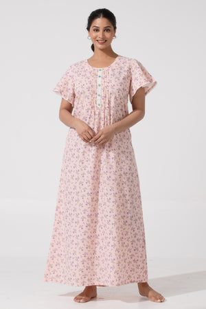 Baby Pink Floral Cotton Nighty & Pink Tuck Yoke